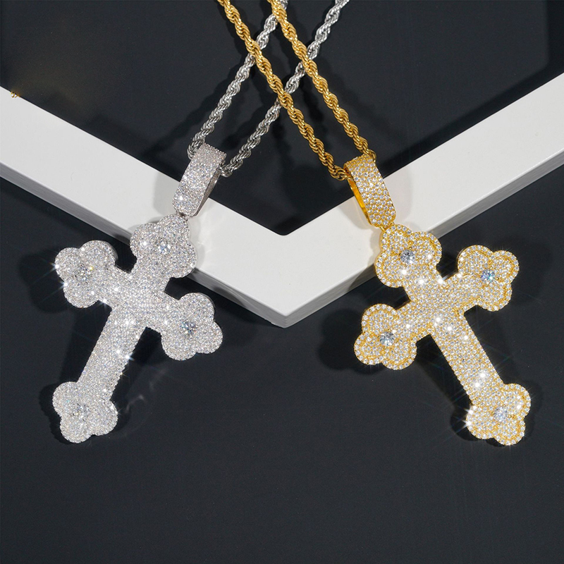 Hiphop Iced Bling Moissanite Diamond Cross Pendant Necklace for Men 925 Sterling Silver Plated 14k Gold Pass Tester Wholesale