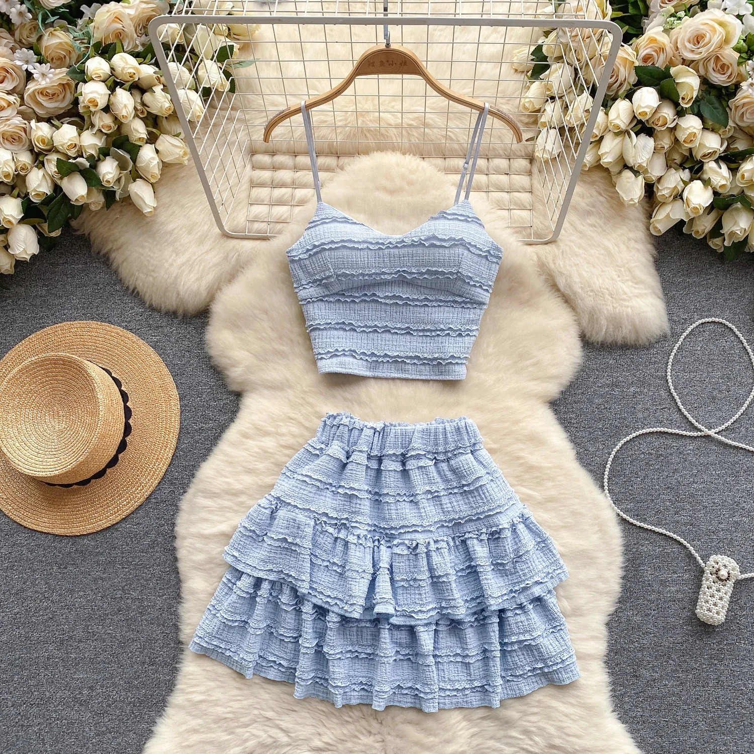 Sweet Ruched Two Pieces Sets V Neck Strap Crop TopsShort Pleated Skirt Women Korean Style Chic Summer Beachwear Suits 250320