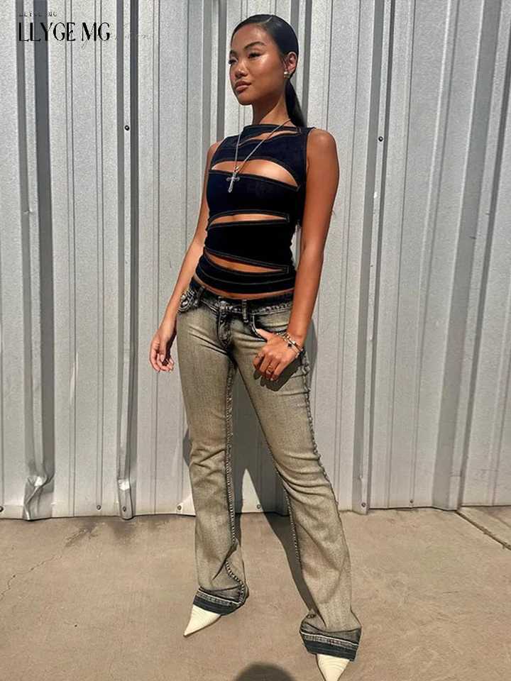Denim crop top womens hollow slim fit O-neck sleeveless vest womens spring and summer fashion top womens street club party sexyXJ250319