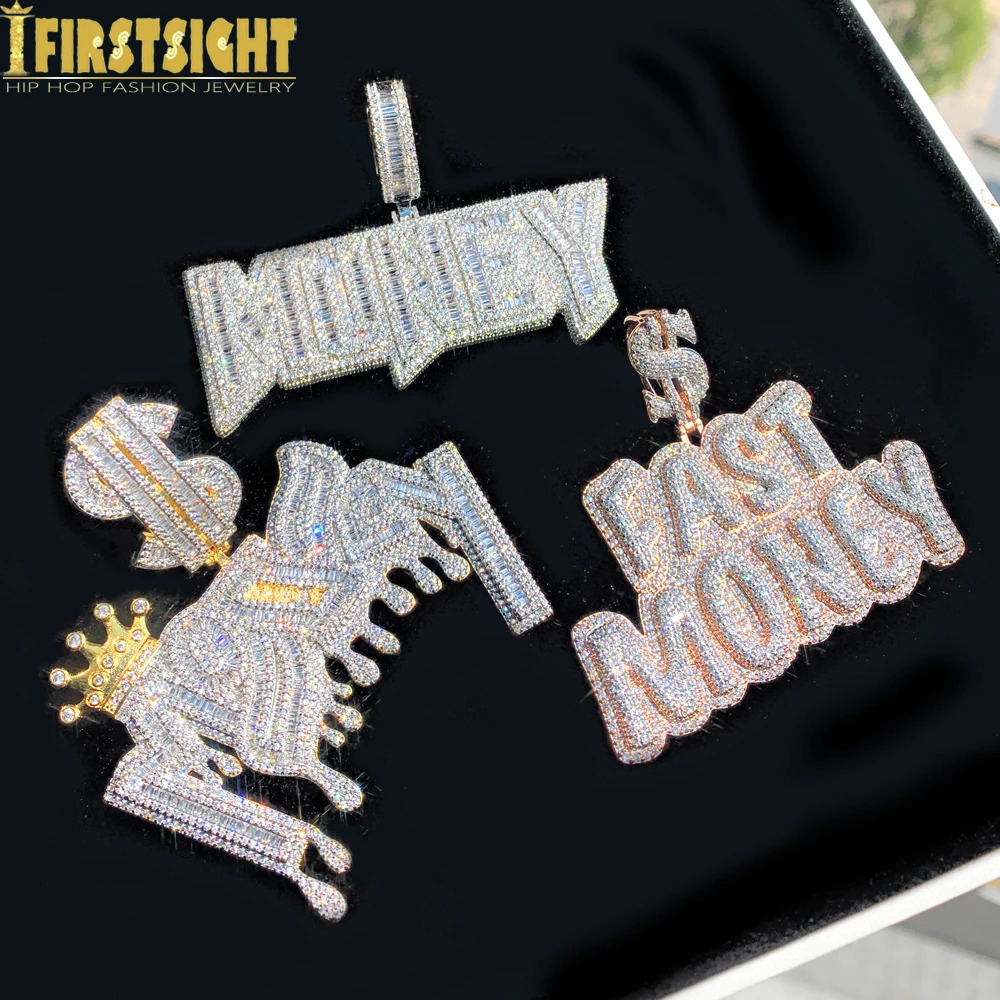Iced Out Bling Crown Letters Money Pendant Necklace Two Tone Color CZ Zircon Dollar Symbol Necklaces Mens Hip Hop Jewelry 250320