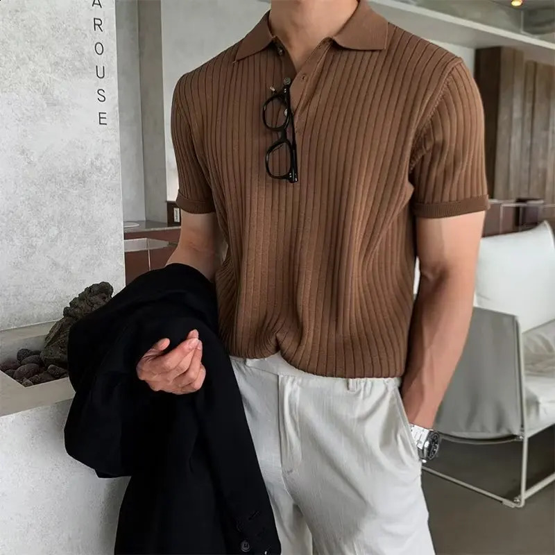 Summer Men Short Sleeve Polo Shirts Fashion Casual t-Shirts Breathable Knitted Tops Soild Turn-Down Collar Polo Tee Man Clothes 250319