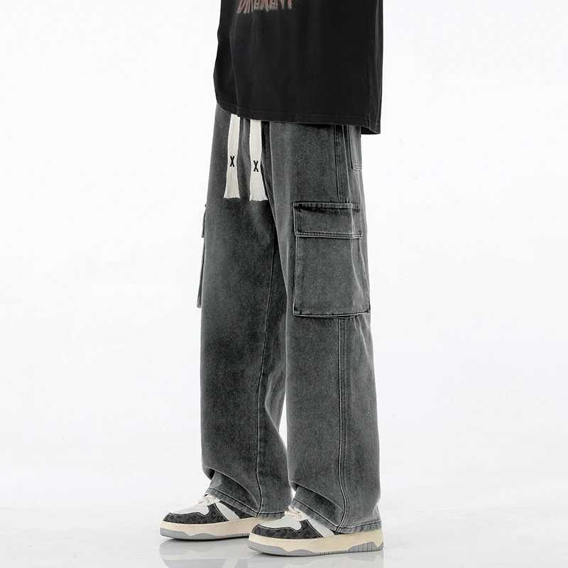 2024 New Mens Bag Jeans Fashion Street Clothing Retro Wide Leg Pants American Street Clothing Y2K Large Pocket Youth CoatT250319