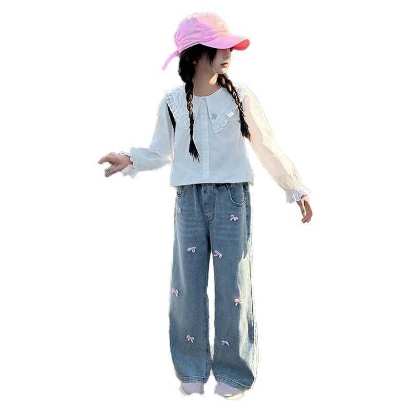 Teenage Girls Jeans Spring and Autumn 2025 New Foreign Style Childrens Loose Wide Leg Pants Girls Casual Pink Bow Pants TrousersT250326