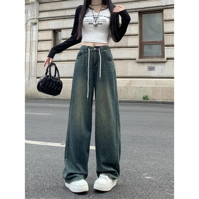 Autumn Plus Size Elastic Waist Slimming Vintage Wide Leg Jeans For Plump Women Casual Comfortable Stretch Denim 250319