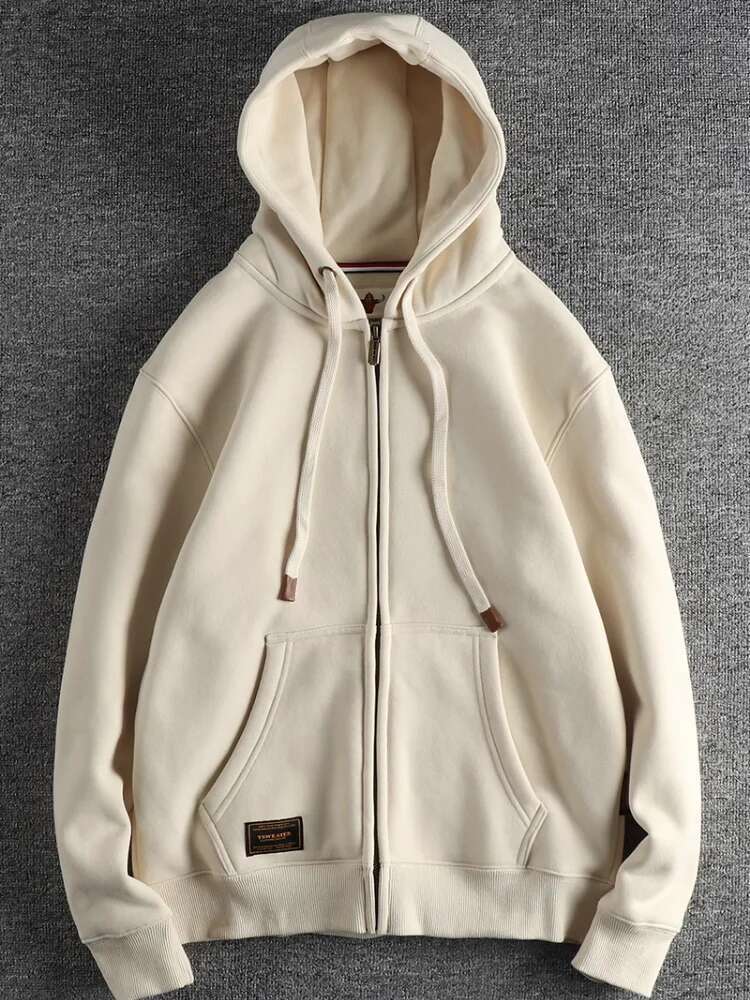 Autumn Winter American Retro Heavyweight Long Sleeved Hooded Hoodies Men's Simple Thickened Veet Casual Cardigan Sweatshirts