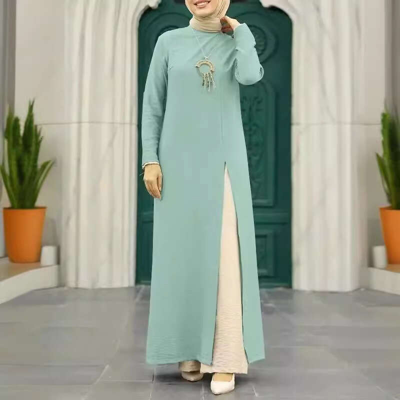 Muslim Ice Silk Wrinkled Long Sleeved High Slit Hem Dress, Fashionable Solid Color Elegant Intellectual Women's Robe