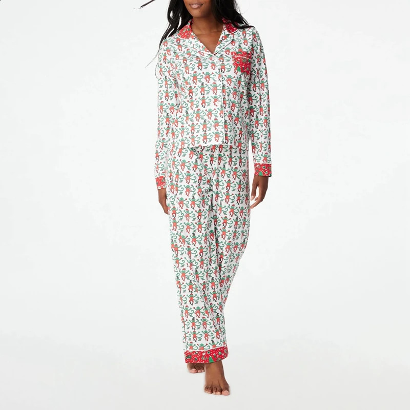 Cartoon Monkey Print Long Sleeve Button Down Blouse Tops with Long Pants Loungewear Womens Summer Casual 2 Piece Set Sleepwear 250319