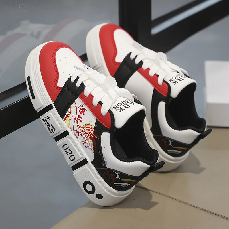 Trendy Kids Casual Sneakers Fashion Teens Leisure Walking Shoes Boys Red Skateboard Shoes Comfortable Children Sports Tennis 250320