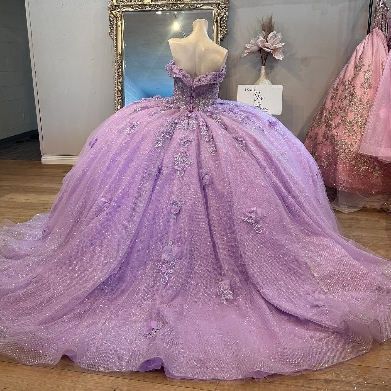 Lavender Lilac Shiny Quinceanera Dresses Off The Shoulder Applique Flower Beading Tull Mexican Sweet 16 Vestidos De XV 15 Anos