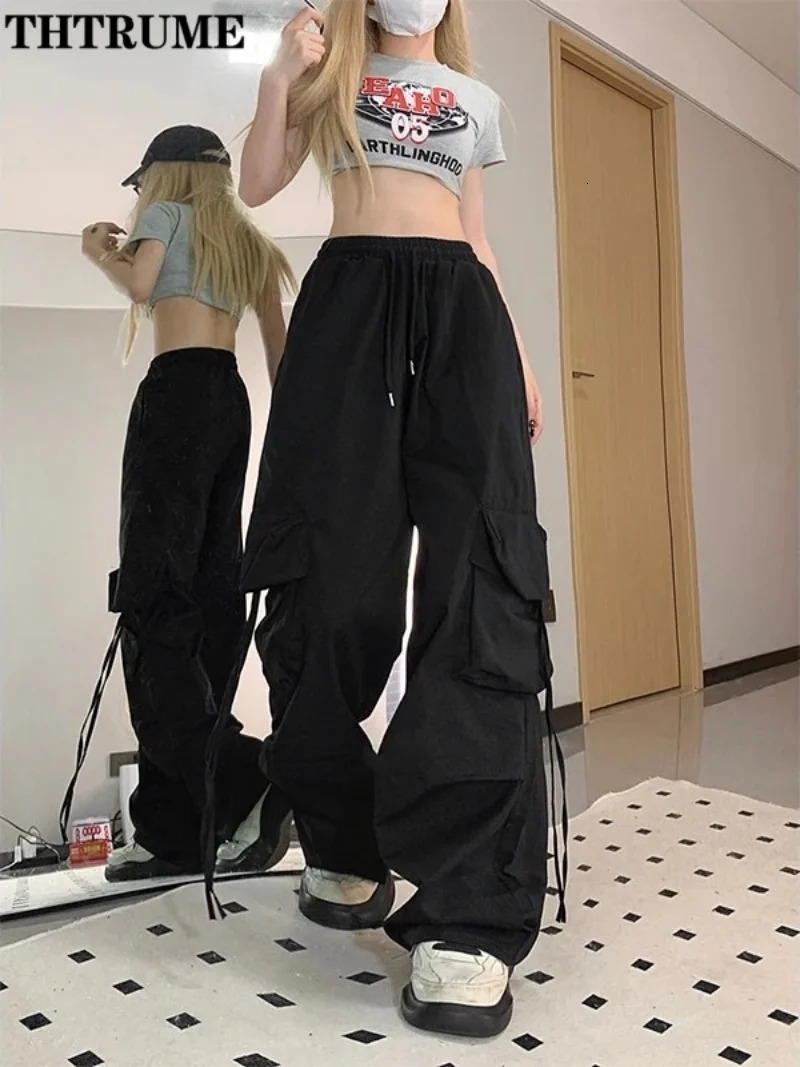 Retro retro street bag pants fashionable womens oversized drawstring pocket casual streetwear loose jogging 250320
