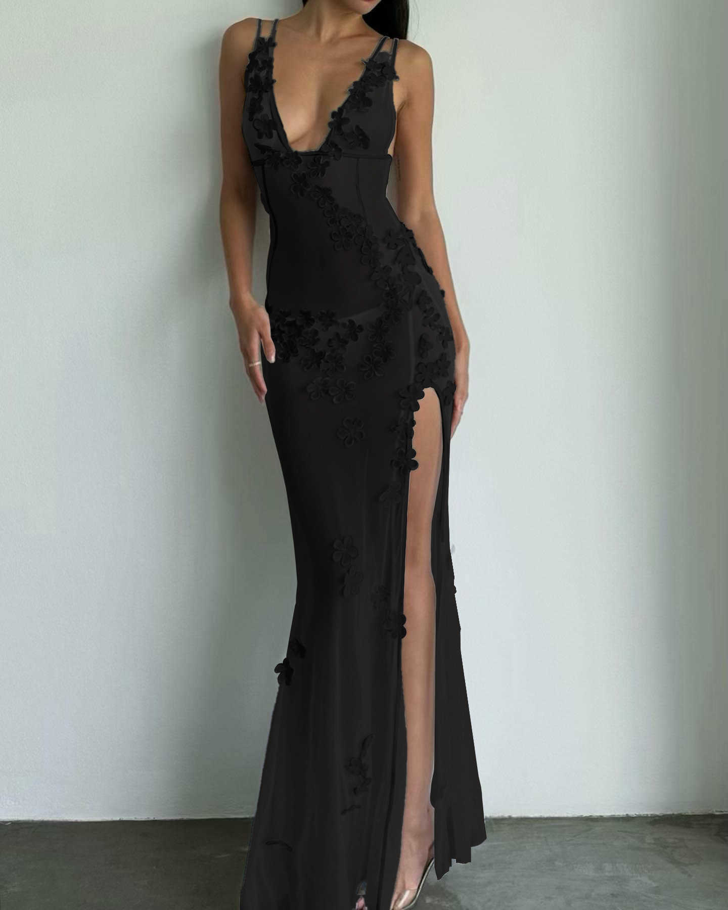 new women's V-neck lace patchwork sleeveless waist cinched hollow lace dress 250315
