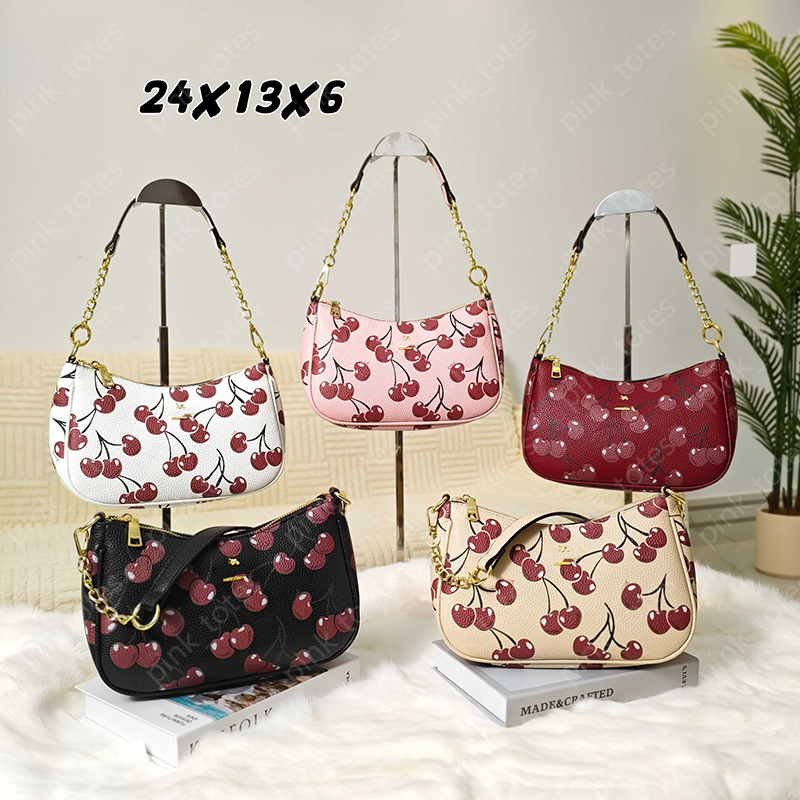 Woman's Handbag Fashion Red Cherry Pattern Tote Bag Designer Underarm Purse Luxury Brand Letters Gold Badge Totes For Woman Vintage Shoulder Bag CWD253201 -6