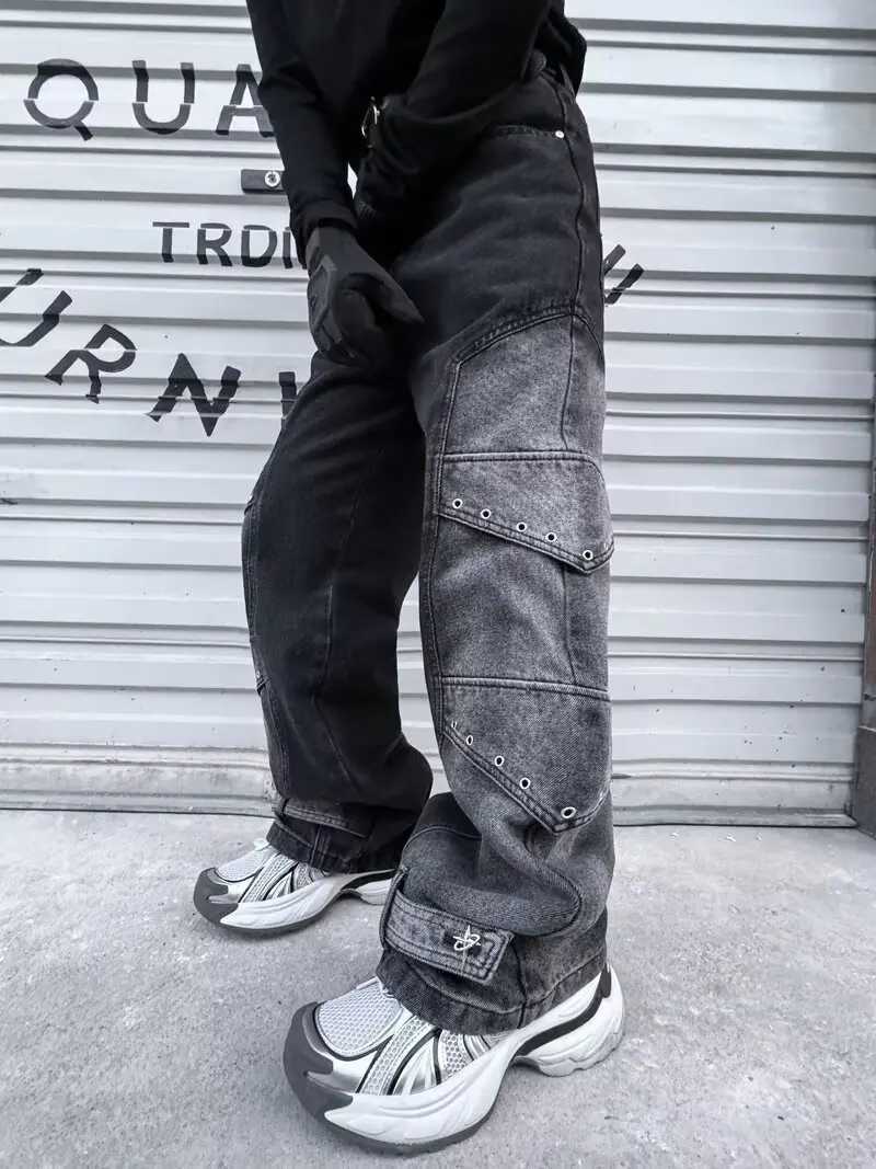 2024 Pantalones Y2K Streetwear Retro Blue Pocket New Jeans Mens Cargo Pants Straight Wide Legs Hip Hop CowboyT250319