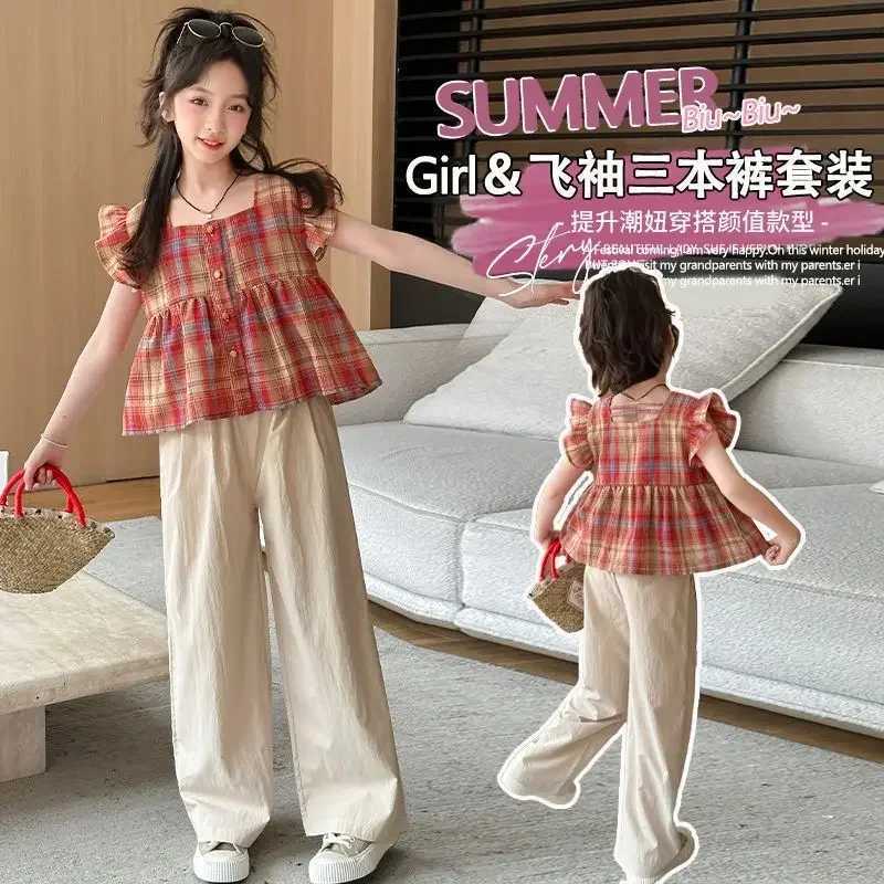Girls summer flying sleeve short-sleeved doll suit 2024 new fashionable medium-sized big boy girl plaid two-piece set trendyT250320