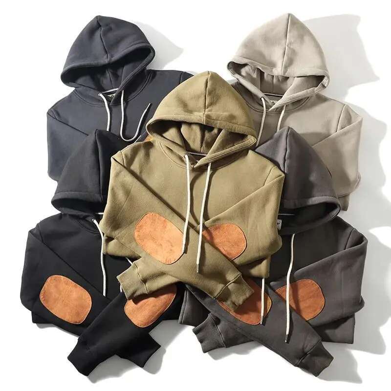 Autumn Winter New American Retro Long Sleeved Deerskin Patch Hooded Hoodies Men's Fashion Thick Veet Casual Youth Sweatshirts