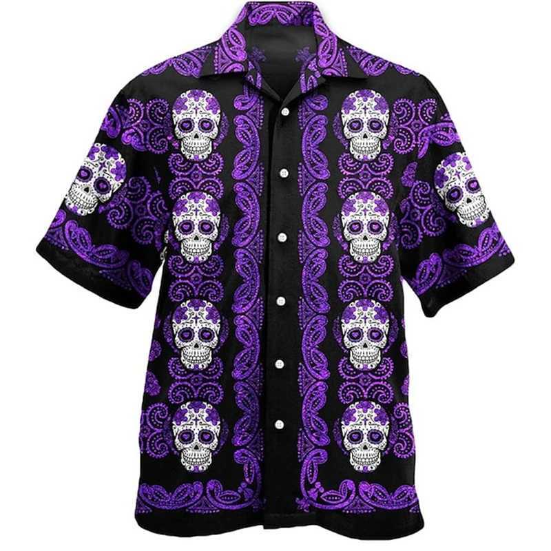 Latest Skeleton Collar Mens Shirt Horror 3D Printing Casual Hawaiian Shirt Mens Retro Shirt Mens Button Short Sleeve Mens Clothing M250320