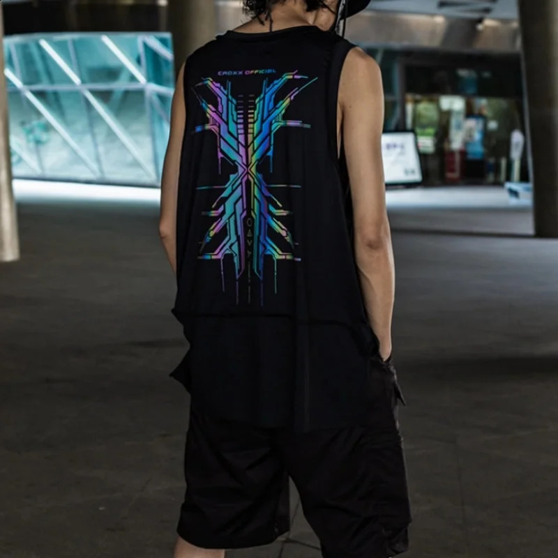Spring Summer Men Reflective Sport Tank Tops Y2K Dark Punk Style Techwear Vest Personality Printed Sleeveless T Shirt 250318