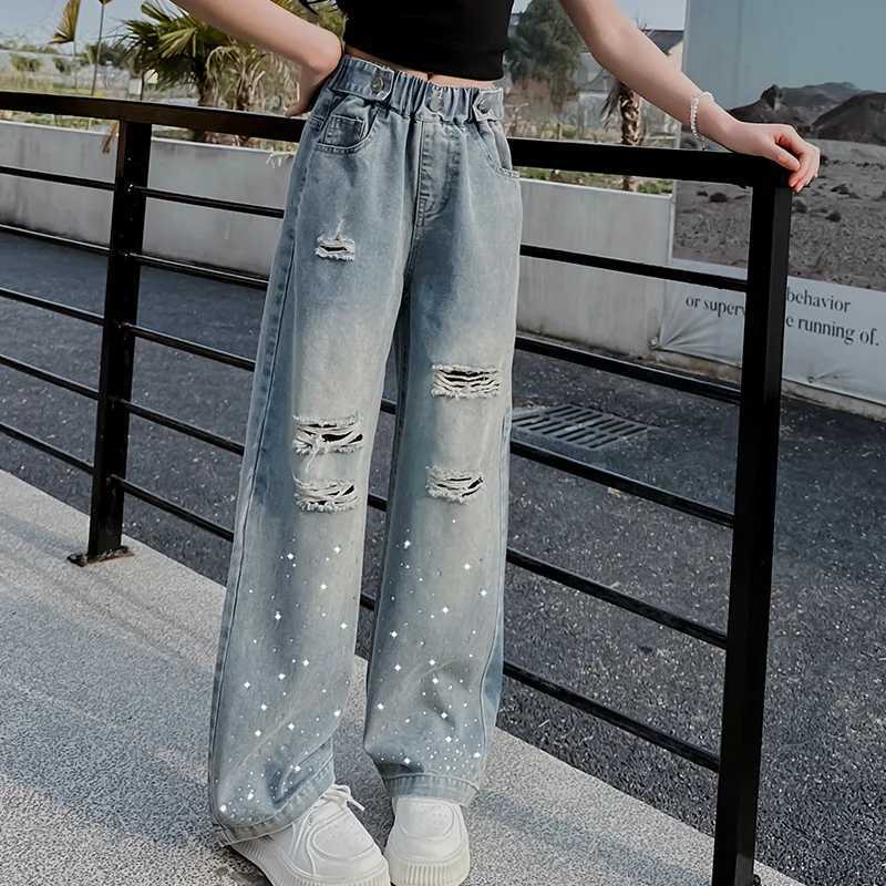 Girls jeans 2024 spring/summer childrens new Korean version perforated hot diamond denim wide leg pants fashionable and queer childrens pantsT2502320