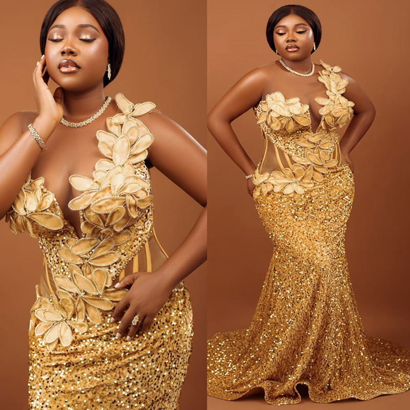 Plus Size Aso Ebi Gold Prom Dresses 2025 Mermaid Prom Dress For Special Occasions Sheer Neck Flora Illusion Beaded Lace Birthday Second Reception Gown