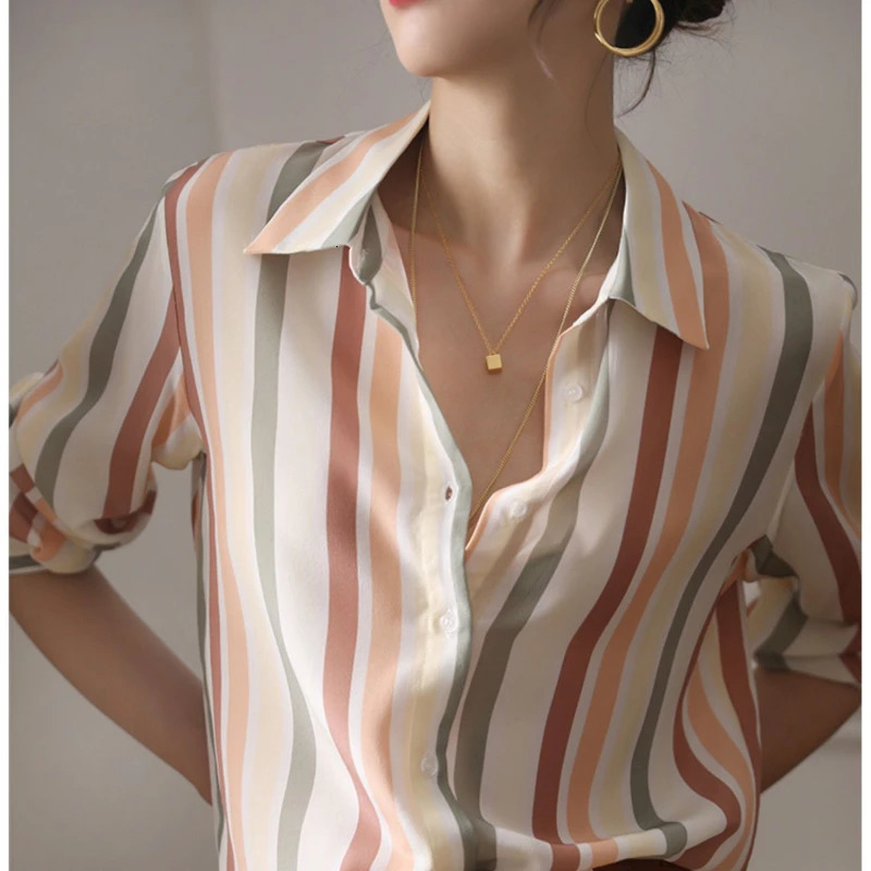 Stripe Women Shirt Satin Vintage Shirt for Women Autumn Clothes Korean Fashion Shirts and Blouses Basic Elegant Womens Tops 250320