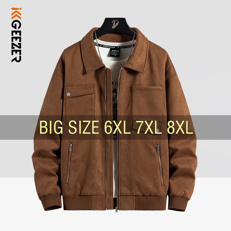 Mens suede jacket bomber motorcycle Coats size 6XL 7XL 8XL Plus windproof black baseball camping casual thin soft shell 250317