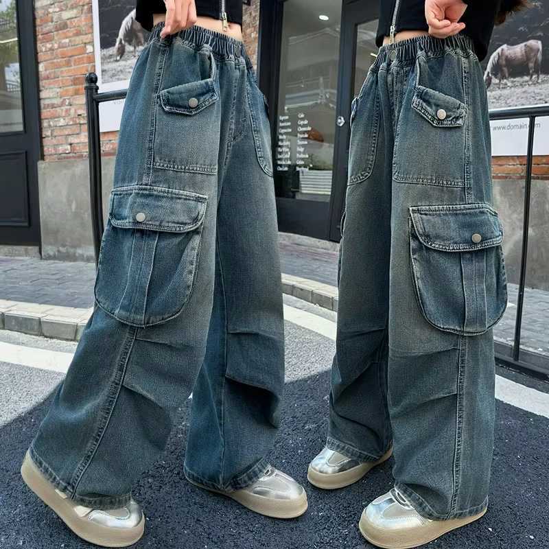 2025 Hot Sale Wide Leg Trousers Teenage Girls Jeans with Big Pocket Four Seasons High Waist Fashion Blue Cargo Denim PantsT250326