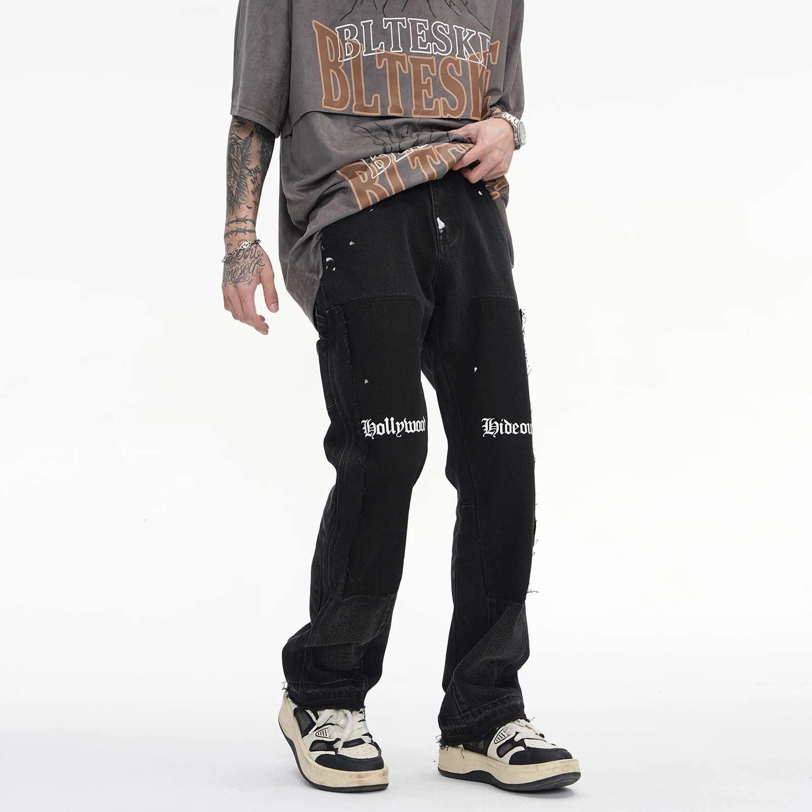 Designer Jeans Vintage Distressed Jeans Niche Design Green Graffiti Men's Horn Jeans Hip-hop Splashed Ink Y2k Street Wear Casual Slim Fit Men