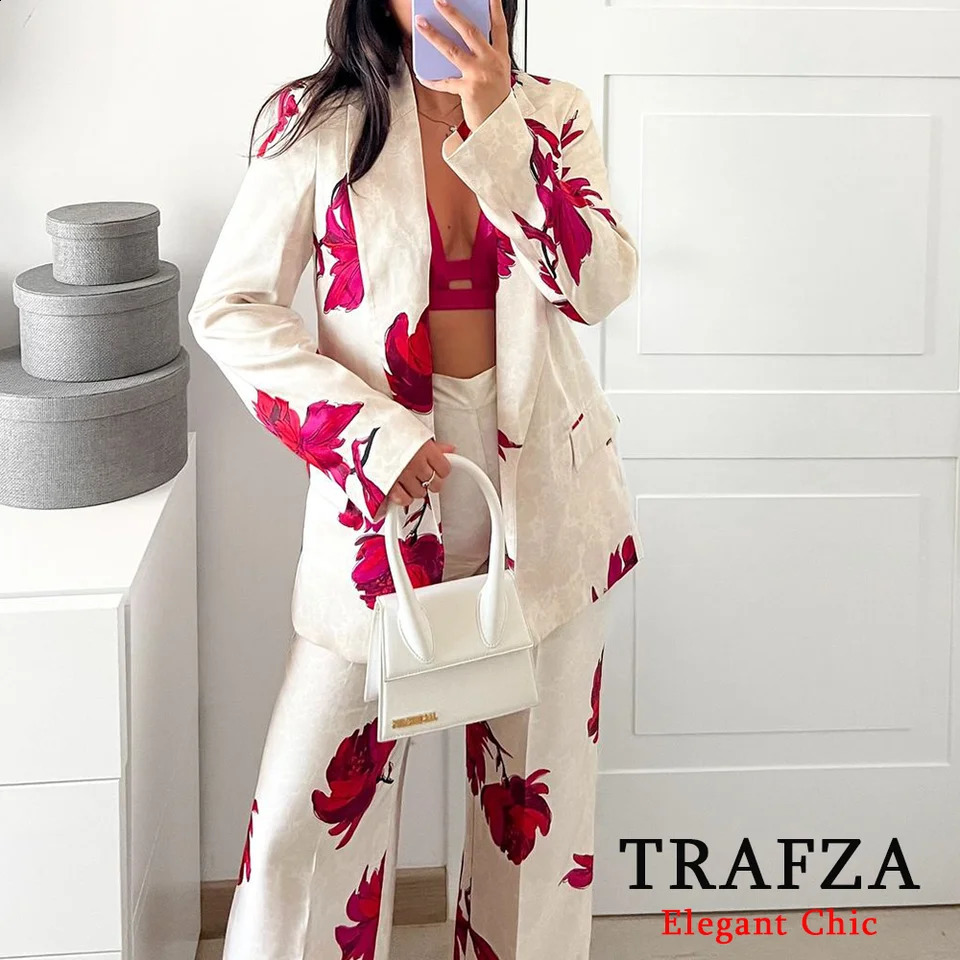 TRAFZA Casual Printed Jacket Set Womens Collar Jacket with Pants Spring/Summer Dinner Date Office Party Jacket Set 250317
