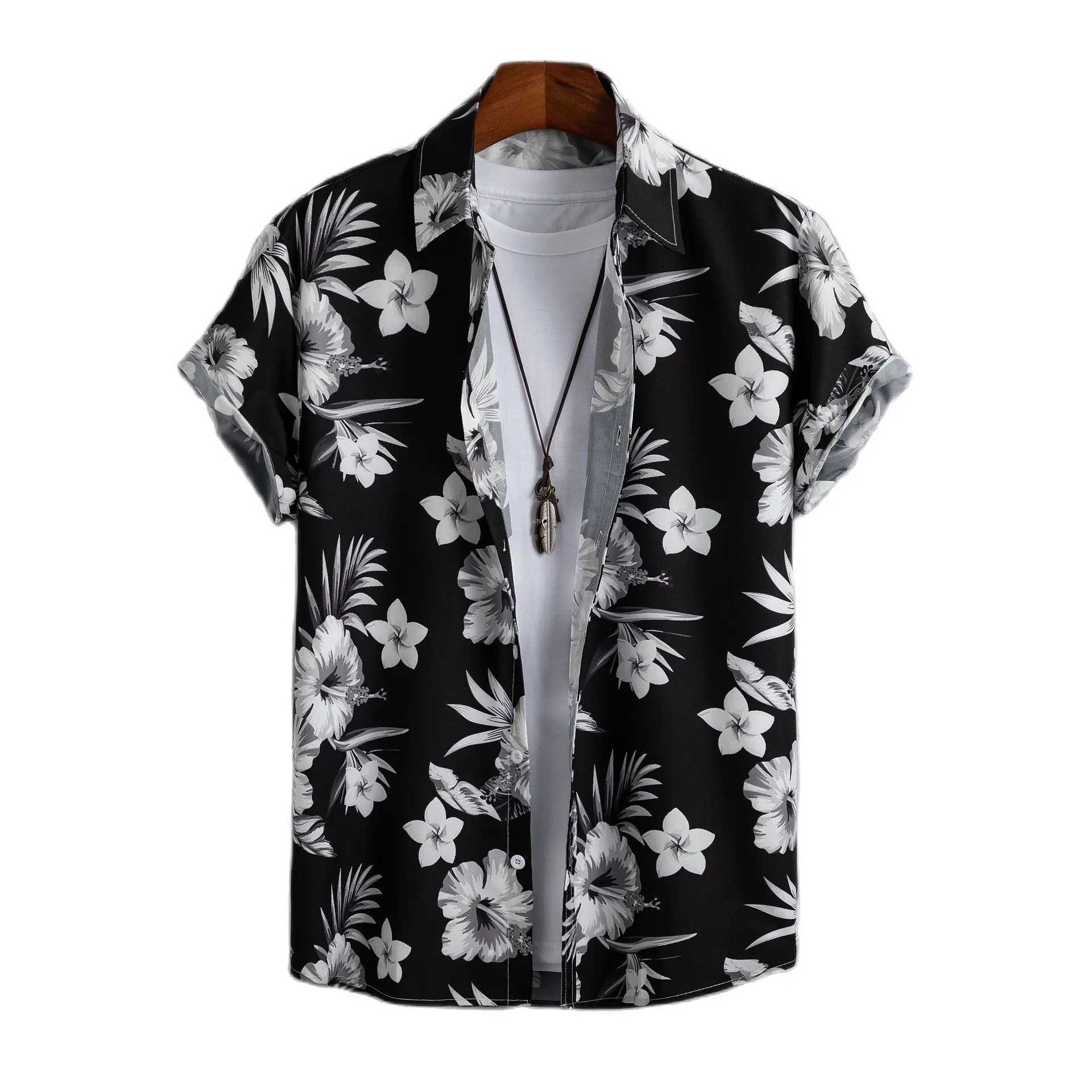 Hawaiian Shirt Men Fashion Flower Geometric Printed Blouse Single-breasted Beach Short SleeveTops Mens Holiday Clothing M250320