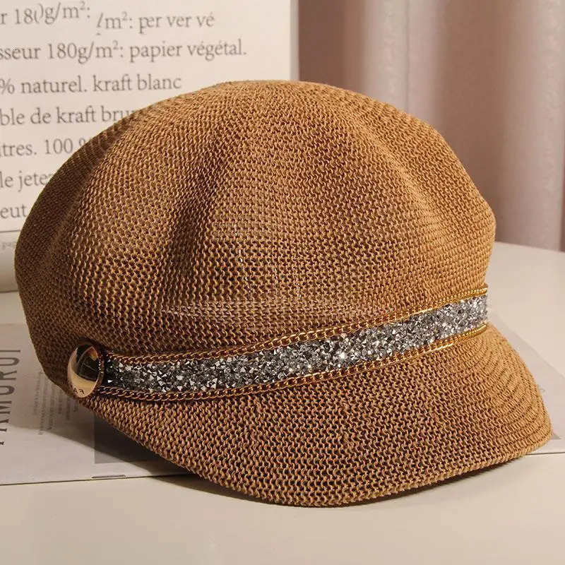Breathable Octagonal Hats For Women Ladies Summer Shining Hollow Mesh sboy Cap Painter Beret Sun Straw Hat Boinas Para Mujer 250320