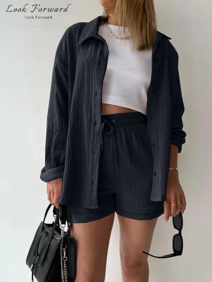Casual Shirt Shorts Suit Women Spring Summer Buttons Blouses Lace up Above Knee Pants Set Lady Full Sleeve Sets Female Home Wear 250318