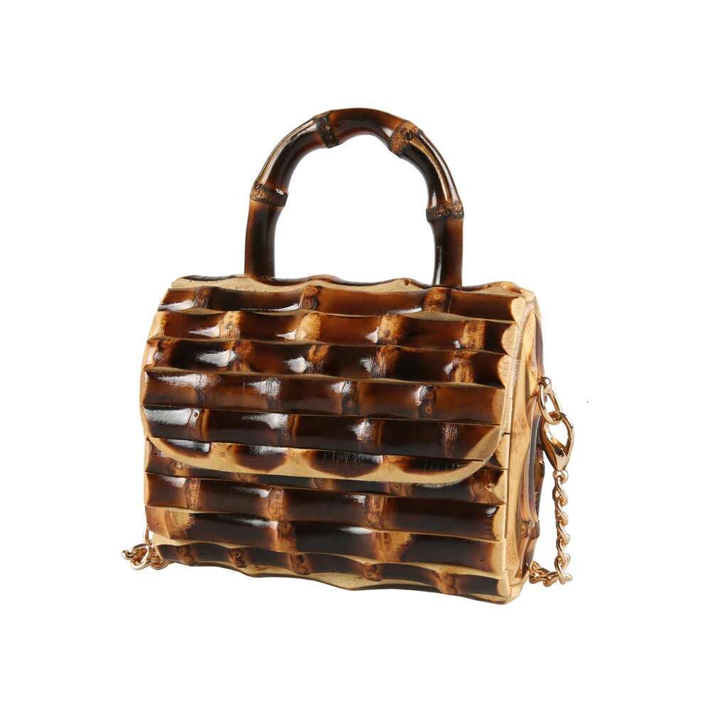 Long Chain Unique Handmade Natural Wood Rattan Straw Bamboo Root Handle Small Mini Cross Body Messenger Shoulder Bag Handbag