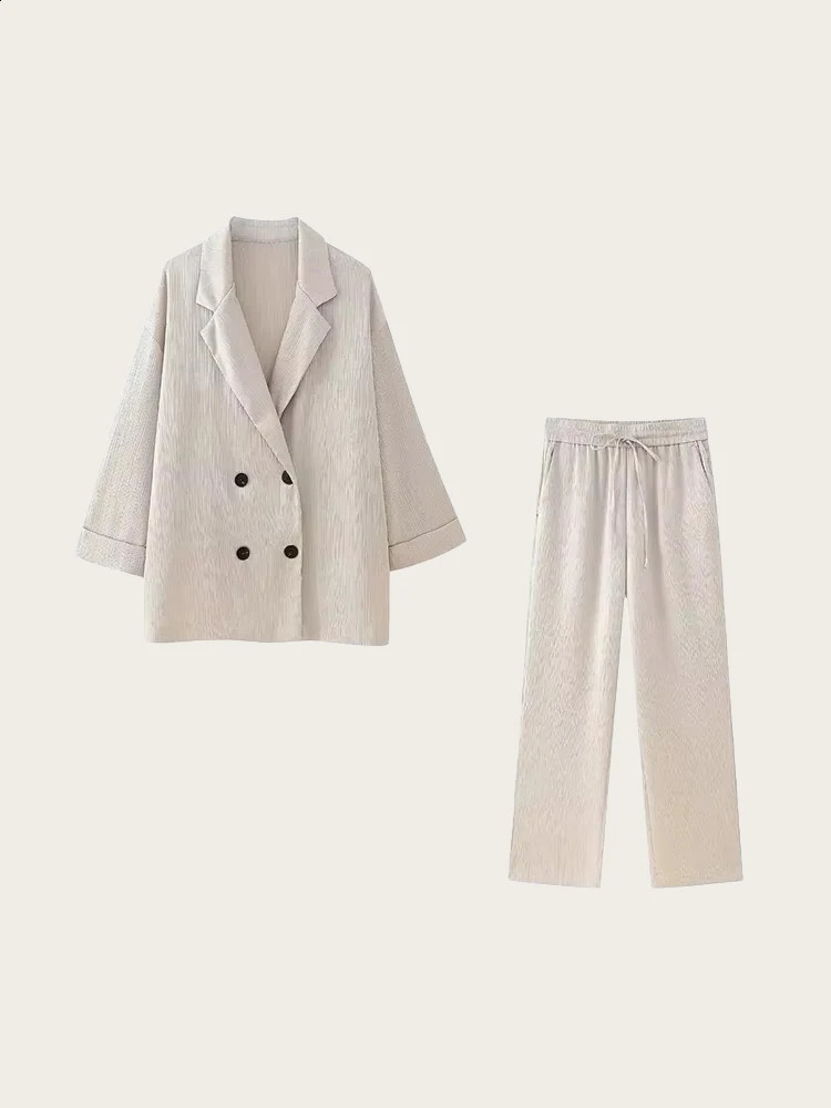 RFZA Womens Double Chest Loose Jacket and High Elasticity Waist Wide Leg Pants Two Piece Set Fashionable 250319