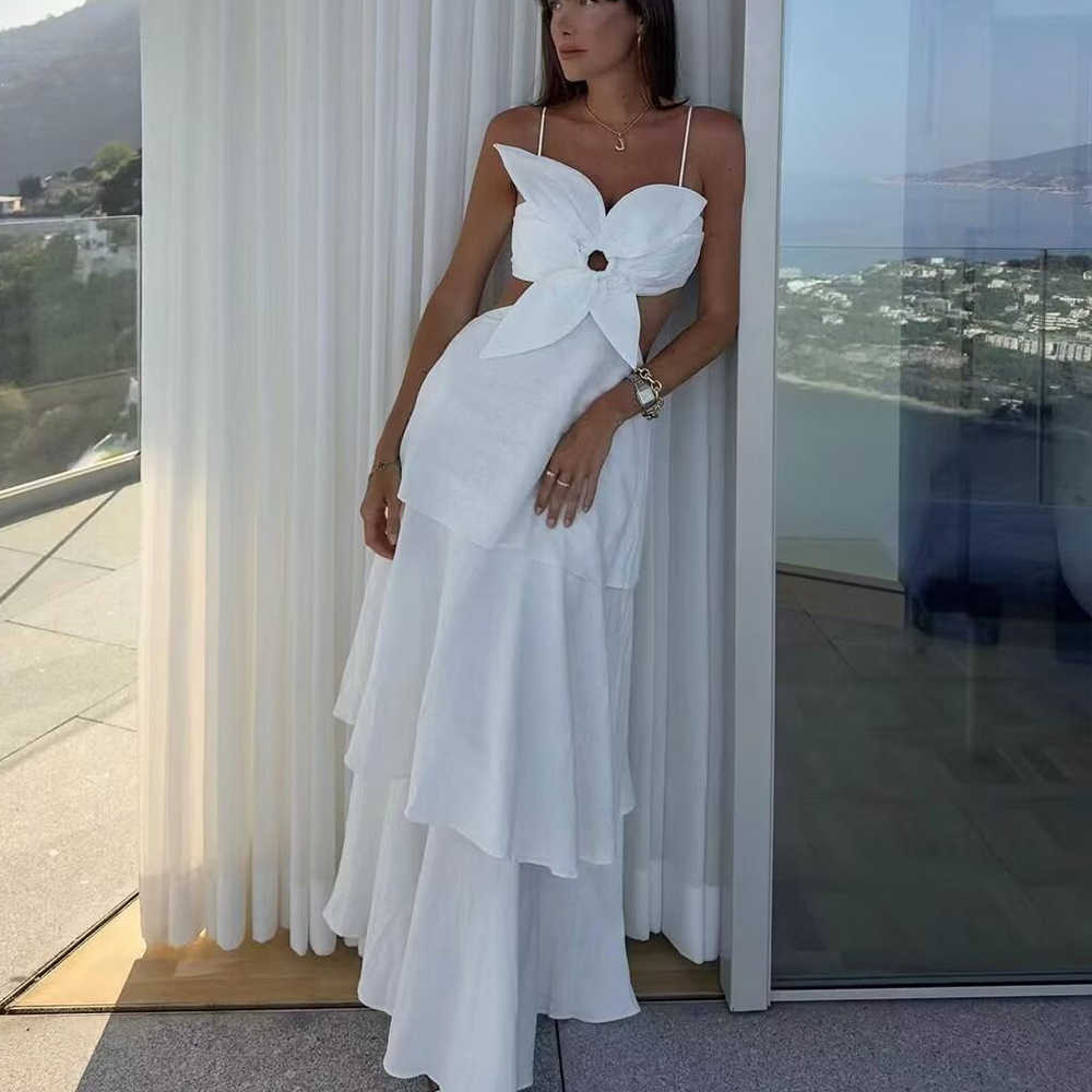 Summer new French advanced sense waist slimming sexy evening dress three-dimensional flower layered sleeveless dress J250320