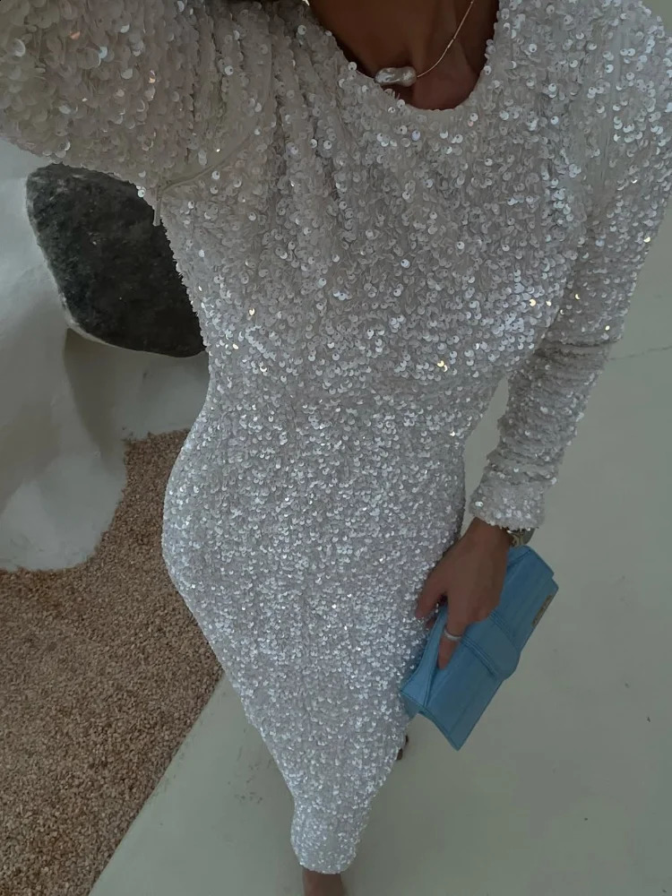 Sparkling sequin long dress for women elegant solid detachable sleeve cover sparkling party fashionable evening formal wom 250317