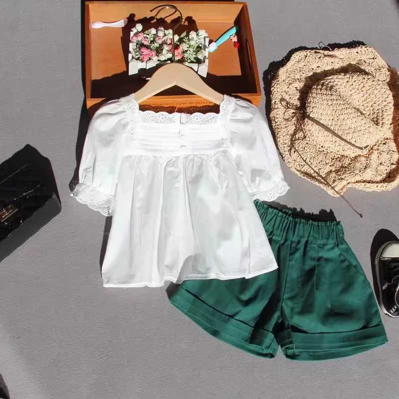 Summer white big girl cotton lace short sleeved top childrens square neckline solid color T-shirt 6 8 10 14 15 yearsT250320