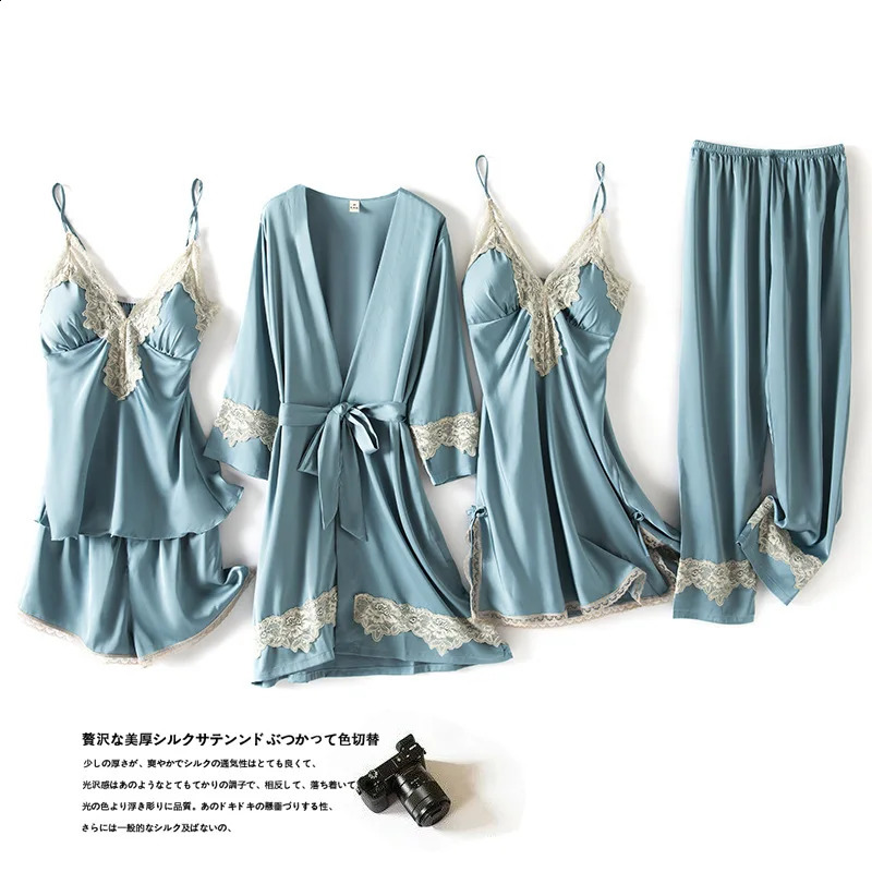 Summer 5 Pcs Set Women Pyjama Satin High Quality Sexy Leopard Sleepwear With Chest Pad Pajamas 250319