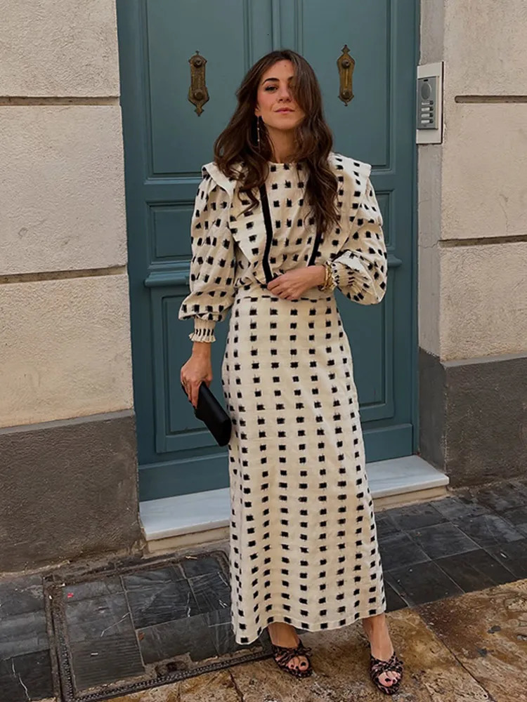 Elegant Puff Sleeve Folded Round Neck Shirt Maxi Tight Fashion Curly Edge Printed Set Womens Commuting Holiday 250320