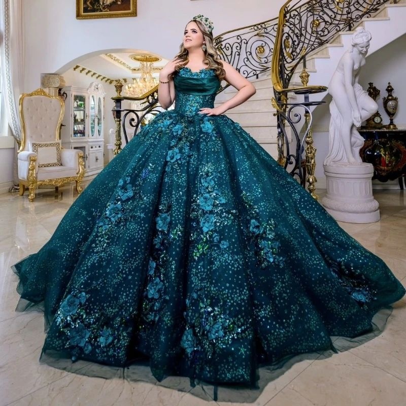Blackish Green Shiny Princess Ball Gown Quinceanera Dresses Appliques Flower Crystals Beads Party Birthday Sweet 16 Dress Vestidos 15 De Anos