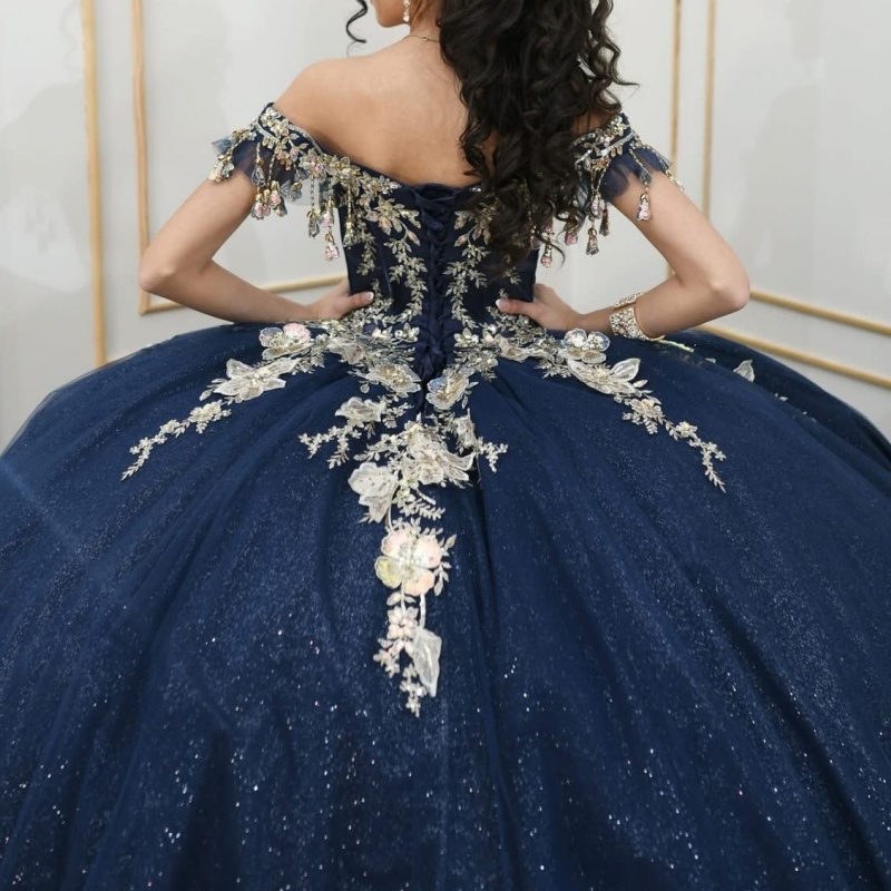 Navy Blue Shiny Off Shoulder Quinceanera Dresses Applique Flower Beads Tull Tiered Party Birthday Sweet 16 Dress Vestidos 15 De Anos
