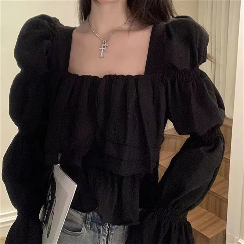 Womens Elegant Trend Ruffle Crop Top Sweet Korean Casual Purple Solid Long Sleeve Shirt and Fairycore Full Match 250319