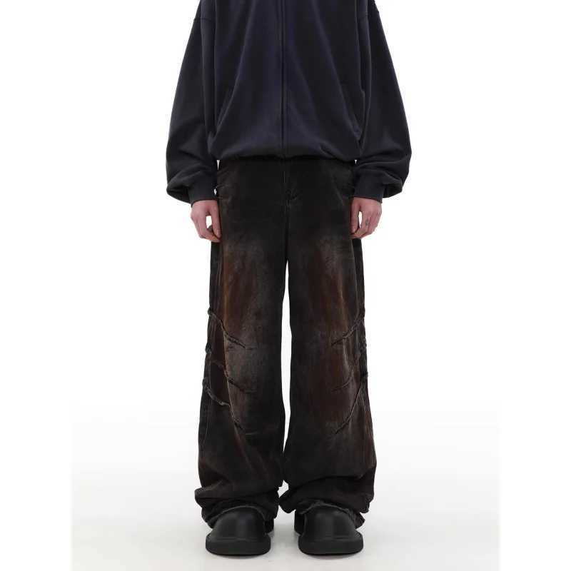 Mens loose jeans casual pleated autumn and winter street fashion for mens loose long leg straight pantsT250319