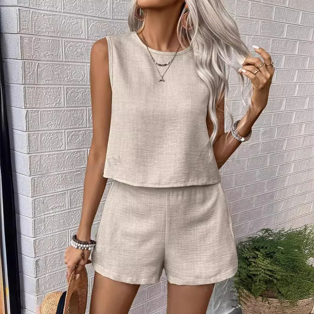 2 Piece Sets Women Summer Sleeveless Vest with Wide Leg Shorts Vacation Beach Short Pant Suit Pockets Vintage Crop Tops Outfits 250319