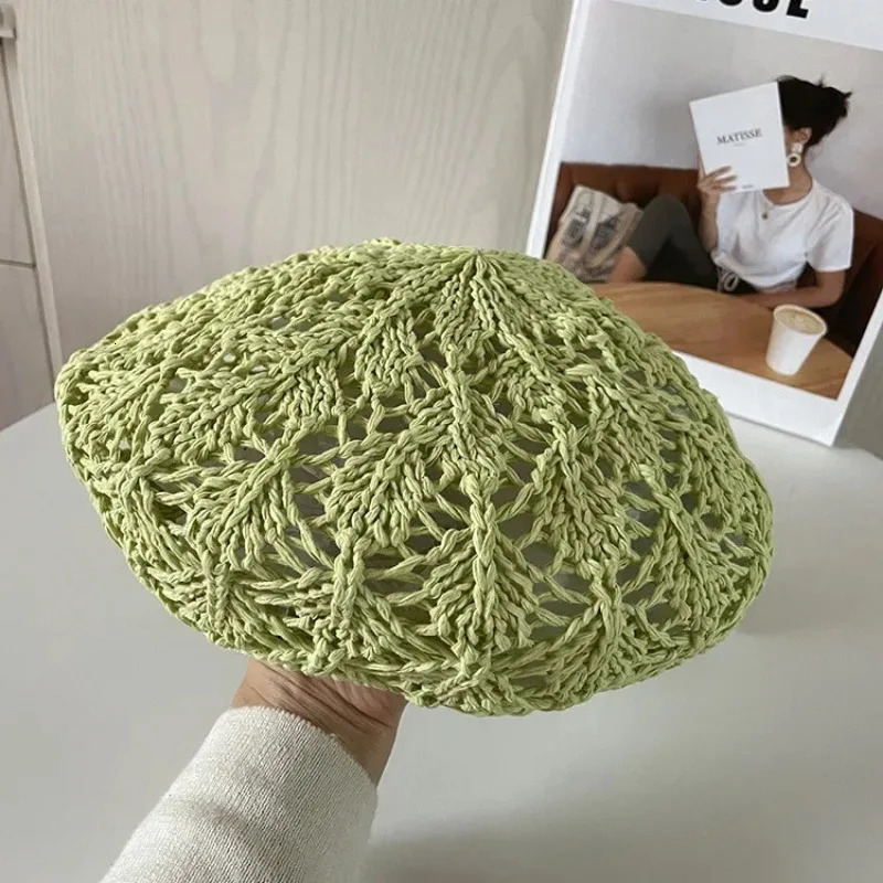 Women Handmade Crochet Beret Cap Solid Color Hollow Out Sweet Floral Weave Lady Leisure Vintage Slouchy Painter Hat 250320