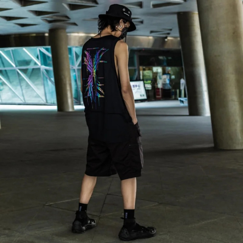 Spring Summer Men Reflective Sport Tank Tops Y2K Dark Punk Style Techwear Vest Personality Printed Sleeveless T Shirt 250318