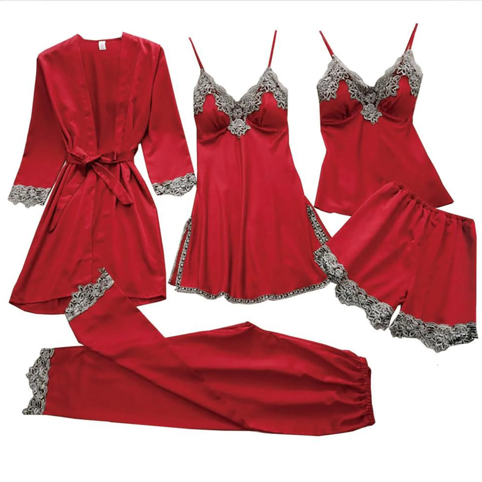 Sleepwear Women Pajama For Sleeping Satin Pajama Set 5pcs Sexy Sleepwear Silky Pajama Set Lace Cami Pjs With Robe Nightwear 250319