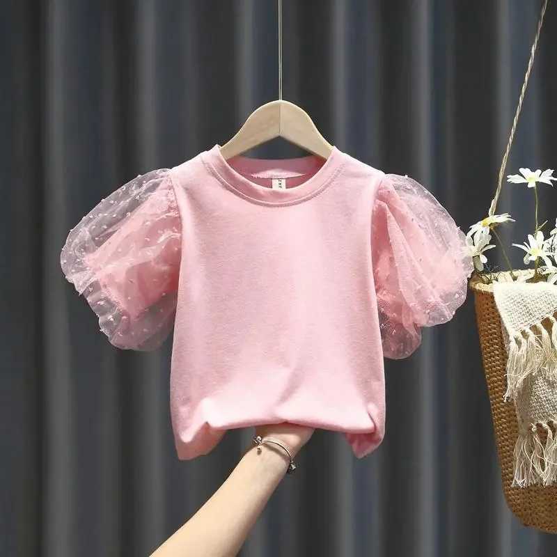 Summer cotton girls T-shirt lace short sleeved girls T-shirt solid color simple childrens clothing T-shirtT250320