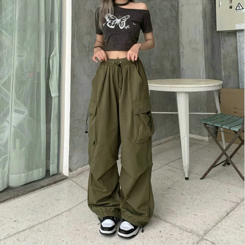 Womens casual pants solid low waisted oversized pockets wide leg Y2K streetwear sports 250319