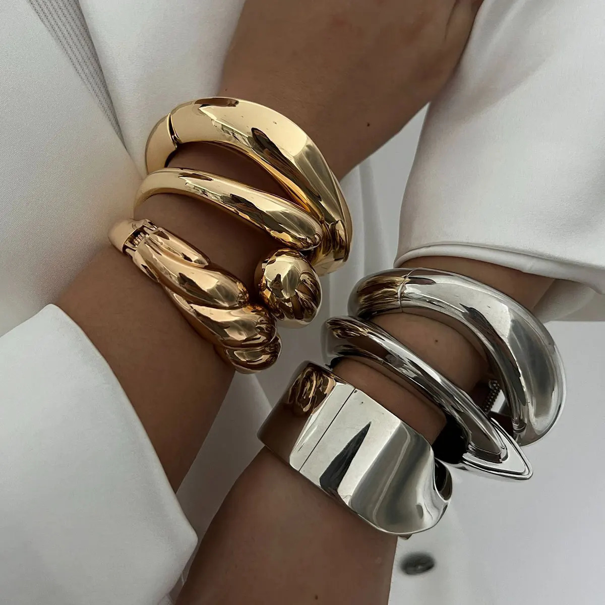 KMVEXO Punk Thick Chunky Water Drop Geometric Cuff Bangles for Women Smooth Open Spring Bracelets Bangle Men Jewelry Party Gifts 250320