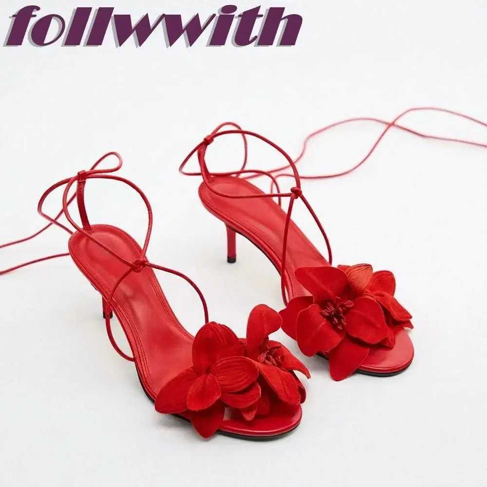 Ladies Solid Red Flowers Lace Up Sandals Unique Sexy Sandals Cross Tied Stiletto Heel Party 2025 New Arrival Summer Woman ShoesC250319